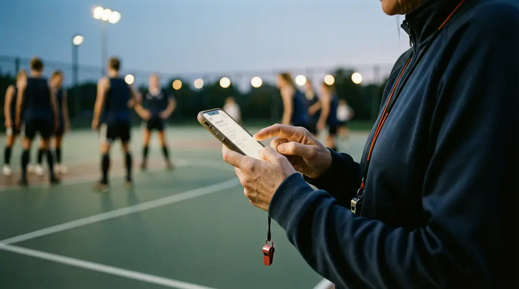 A coach's hands tapping a phone at the courtside at dusk, players training behind.