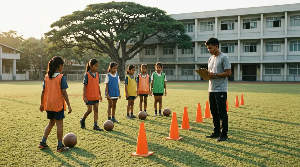 Girls in bibs dribbling between orange cones on a school field while a coach holds a clipboard.