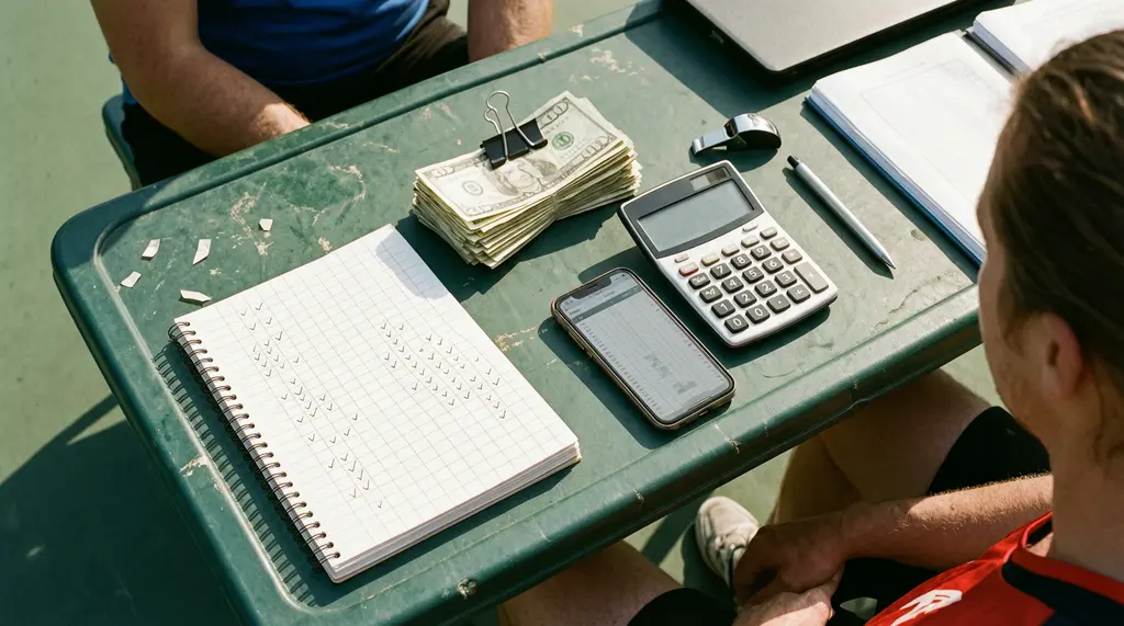 A plastic table at the courtside with a handwritten attendance book, clipped cash, a calculator and a phone.