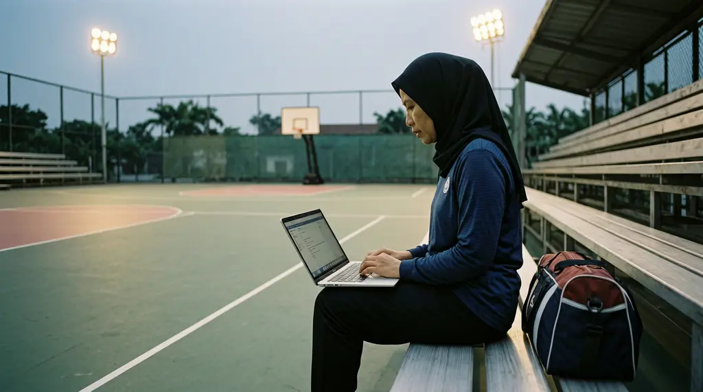 A woman coach sitting on the bleachers after training with a laptop.