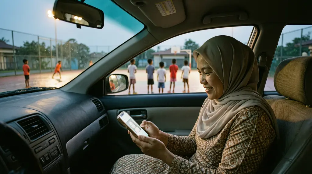 A mother in a baju kurung smiling at her phone in the car while waiting for her child.